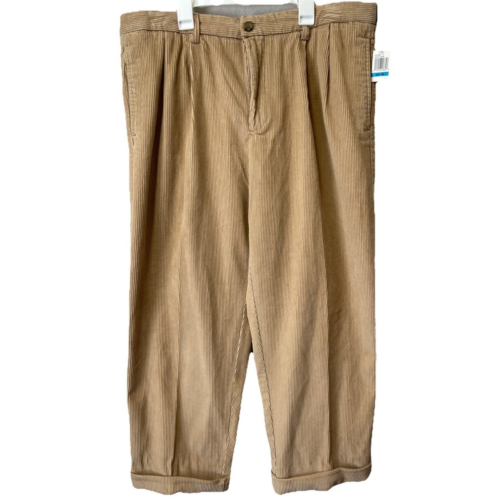 IZOD NWT Corduroy Chino Pants Mens 36W/30L Cuffed Pleated Brown Beige